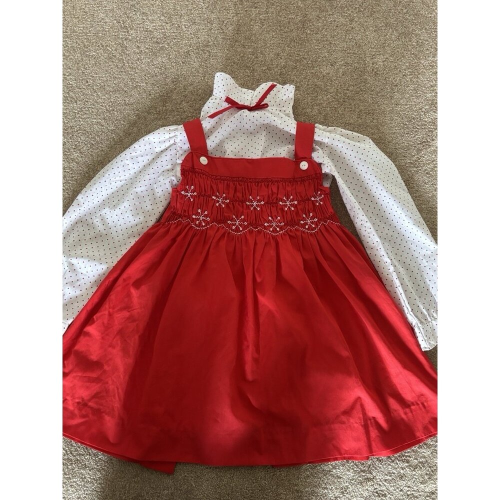 Polly Flinders Christmas Dress 6X Red Hearts Ruffled Eyelet Prairie Smocked